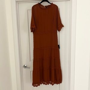 NWT - Lulus Dreaming of You Rust Orange Swiss Dot Midi Dress